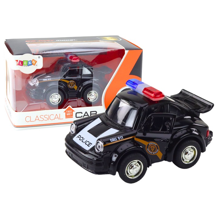 Masinuta de politie, LEAN TOYS, cu efecte luminoase|sonore, neagra, 9,5x6x5,5cm