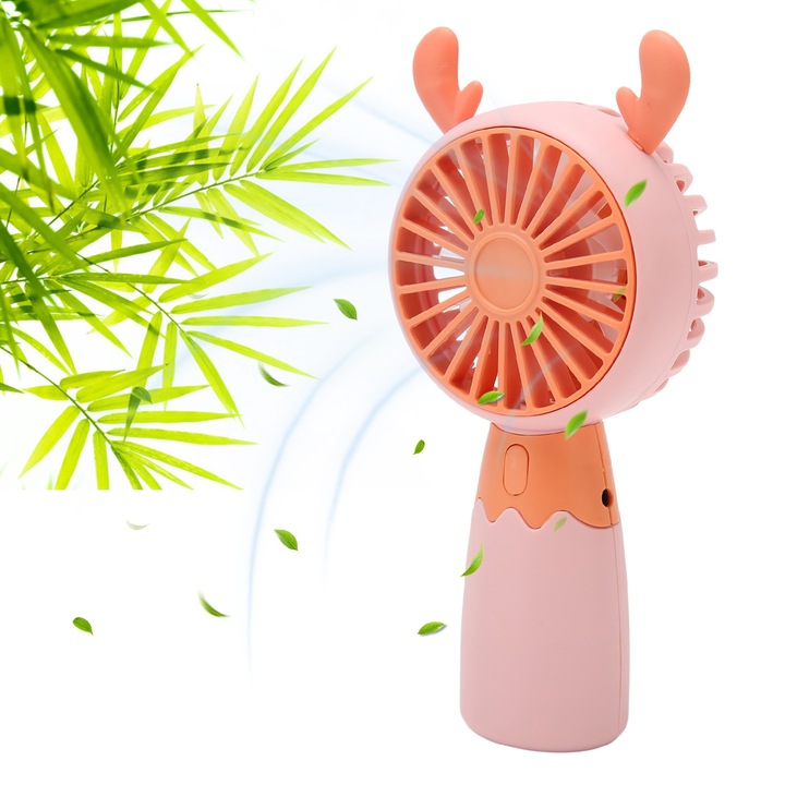 Hordozható ventilátor, szarvasfül stílusú, USB töltés, ergonomikus, 300 mAh, akkumulátor, mini ergonomikus kézi ventilátor otthonra, utazáshoz, irodába, rózsaszín