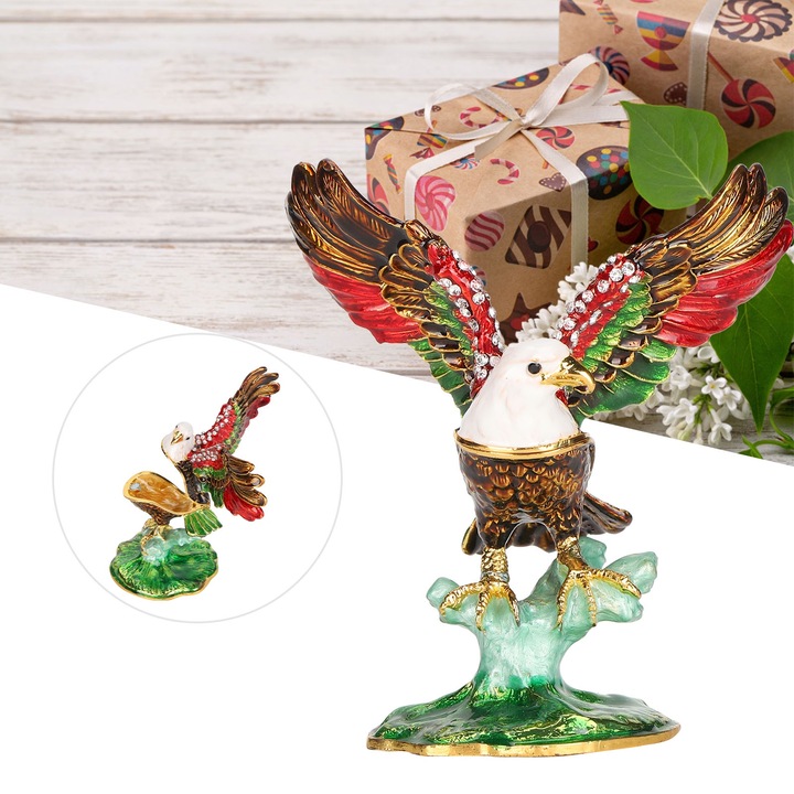 Cinkötvözetből készült sas figura, fehér gyémántokkal és kristályokkal, 5,2x5,3x9,7cm