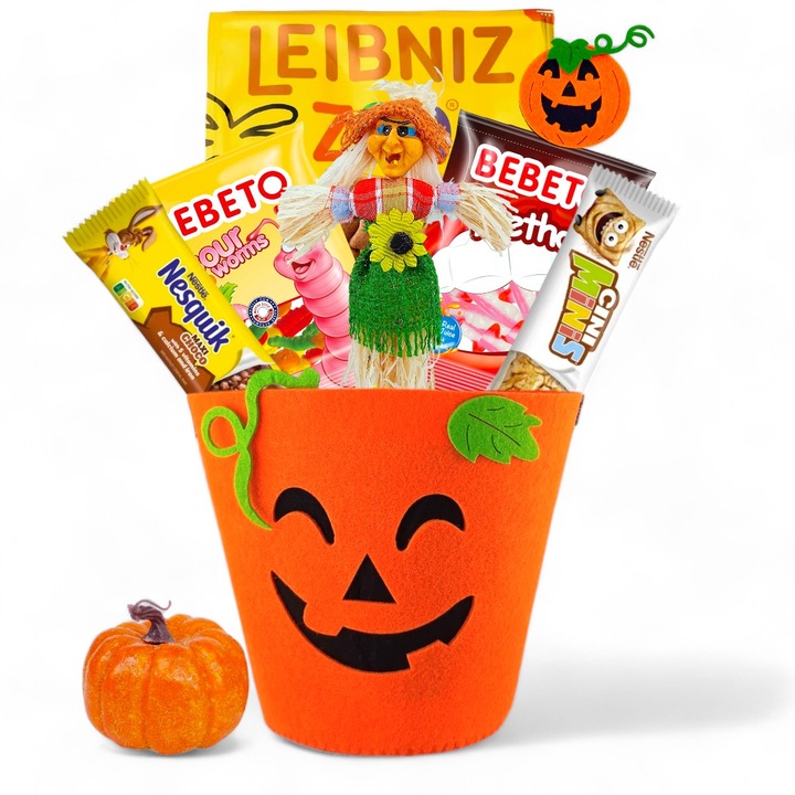 Boo Basket, CADOURI RAFINATE, model Cadouri pentru Copii de Halloween, cu Cos din Fetru cu Toarta, Palarie de Vrajitor / Vrajitoare, Decoratiune Infricosatoare Sperietoare de Ciori, Dulciuri Leibniz, Nesquik si Alte Surprize Tematice, 10 Articole