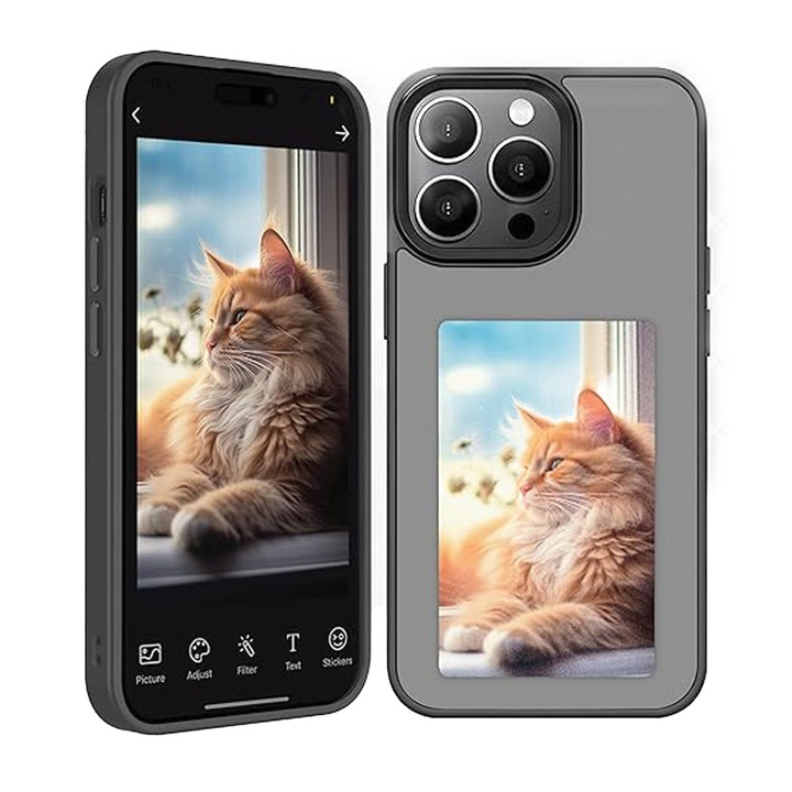 Husa personalizabila pentru Apple iPhone 14 / iPhone 13, Comando Smart Screen, Tip rama Foto, DiY, NFC, Margini Ridicate, Protectie Dubla zona Camere, Interior Catifea, Proiectare Imagini, Negru