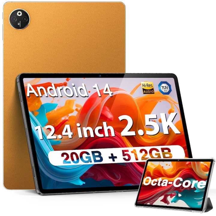 Tableta DOOGEE T30 MAX, 12.4 inch, 8GB + 12GB RAM, 512GB ROM, Android 14, 10800mAh, 33W, Dual 4G, TUV, galben cu tastatura