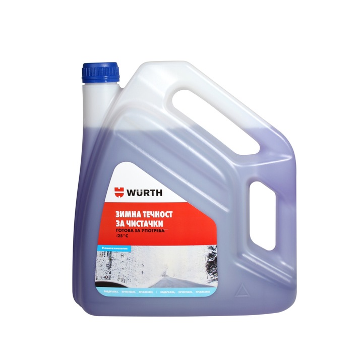 Зимна течност за чистачки Würth, Етанол, Готова за употреба, Подобрени защита срещу замръзване и почистващи свойства, Щадяща материалите, -25 Градуса, 4L
