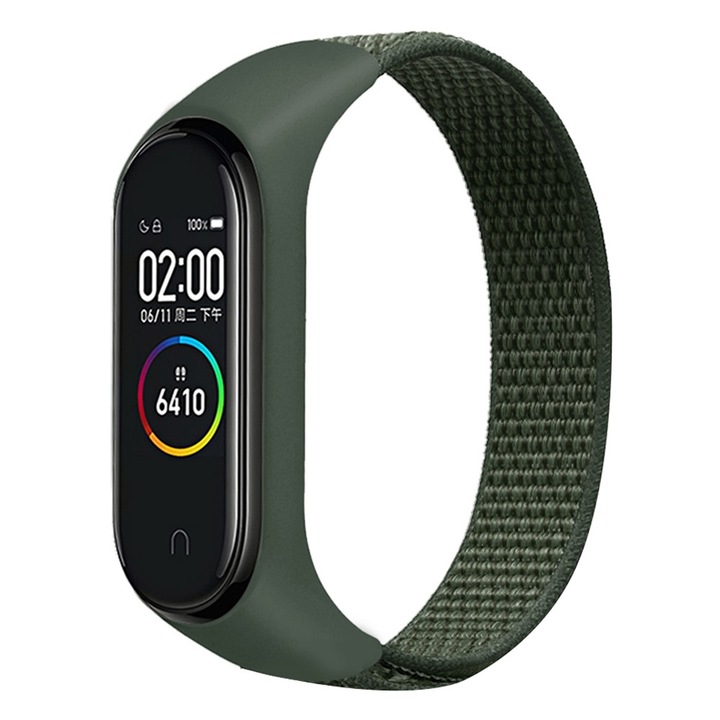 Fitness pántos karkötő, textil anyagból, sündisznó zárással - állítható, kompatibilis a Xiaomi Mi Band 3/4/5/6, zöld, PHN Mag