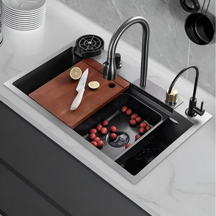 Chiuveta Multifunctionala de Bucatarie, cu Dus Extractibil, Spalator Pahare, Pipa Apa Filtrata, Curgere Cascada, Tavite Uscare si Tocator din Lemn, Inox, Alpincool™ Aqua 2
