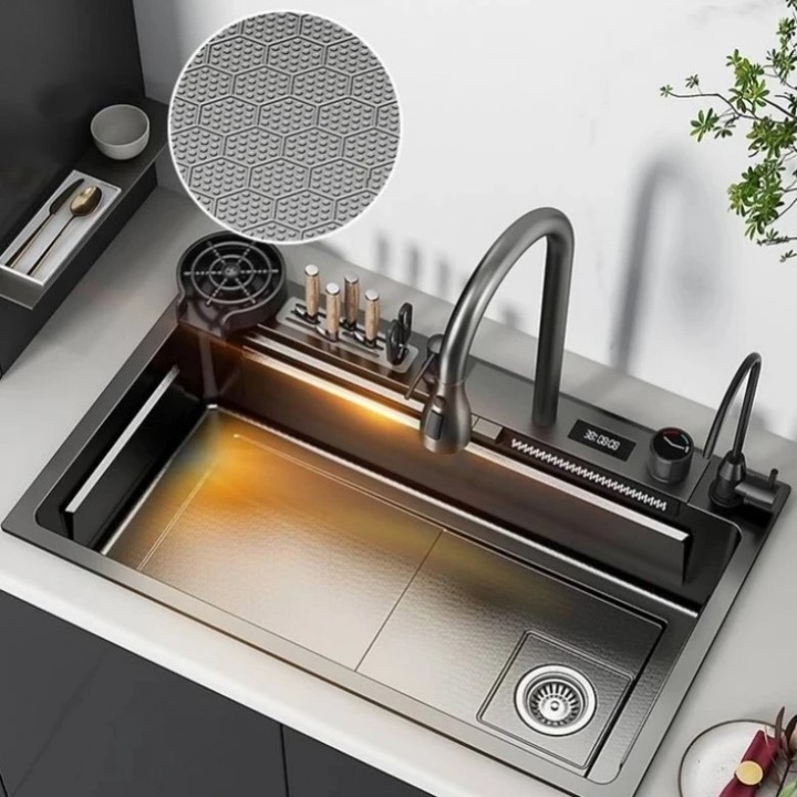 Chiuveta Multifunctionala de Bucatarie, cu Dus Extractibil, Spalator Pahare, Pipa Apa Filtrata, Reglaj Temperatura cu Display, Spalator Pahare, Suport Cutite, Curgere Cascada, Tavite Uscare, Inox, Alpincool™ Aqua 3
