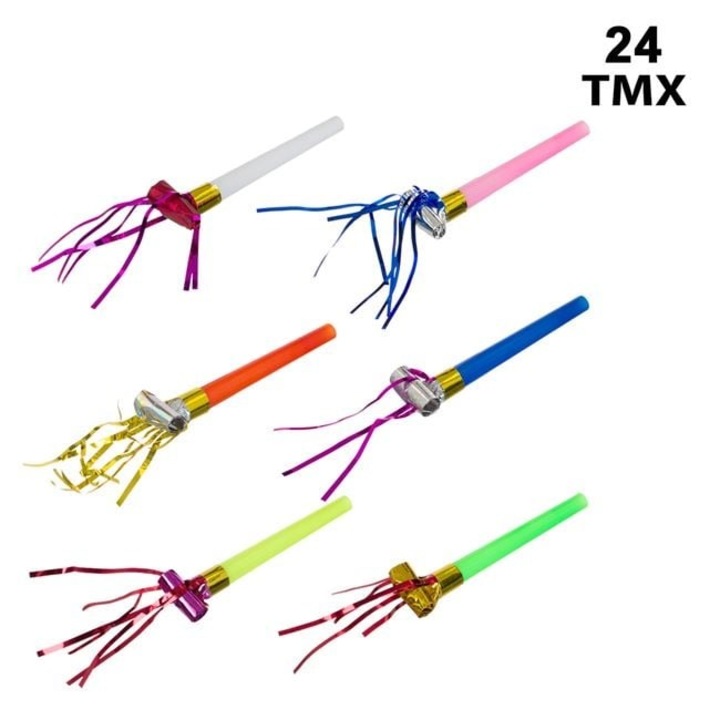 Set 24 suflatori de petrecere Antbro® in culori metalizate cu franjuri de diferite culori