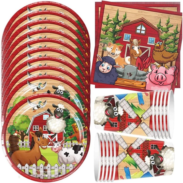 Set accesorii aniversare, petrecere copii Ferma Animalelor, 50 piese