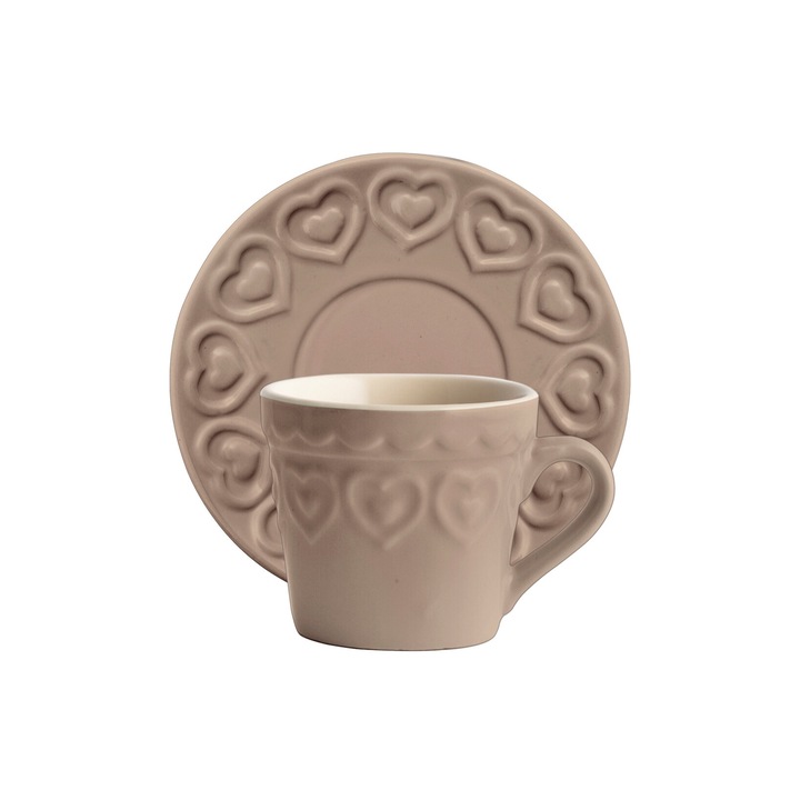 Set 4 cesti cu farfurioara ceramica, Fairylove, H&H, 165 ml, maro