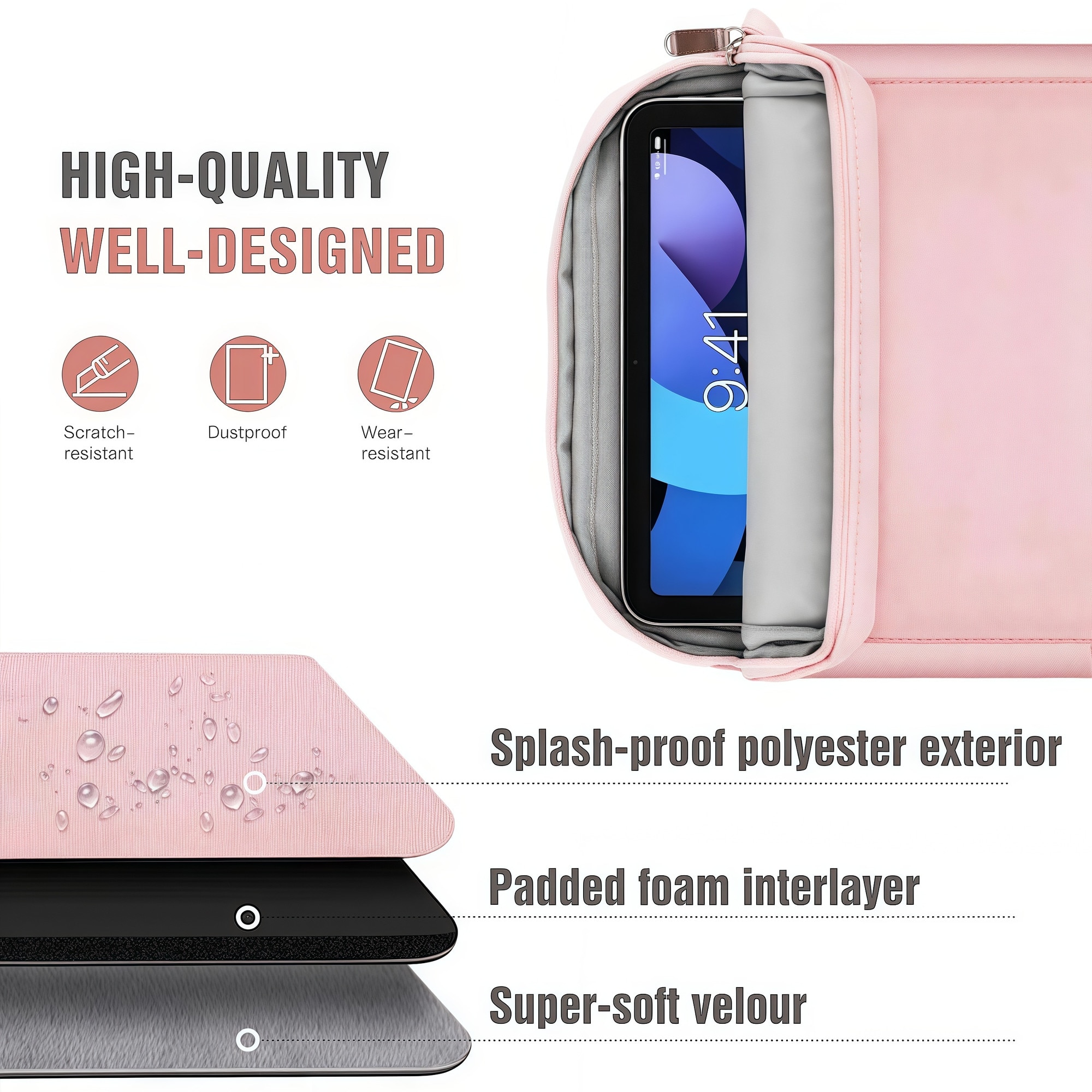 Geanta tableta 9-11″, BestPlaza®, Husa pentru 11 inch universala tableta, Water resistent panza Oxford, Multiple buzunare cu fermoar metalic, Protectie fleece interna, Usor si portabil, Compatibila Apple iPad 10.2/10.5/10.9, Roz