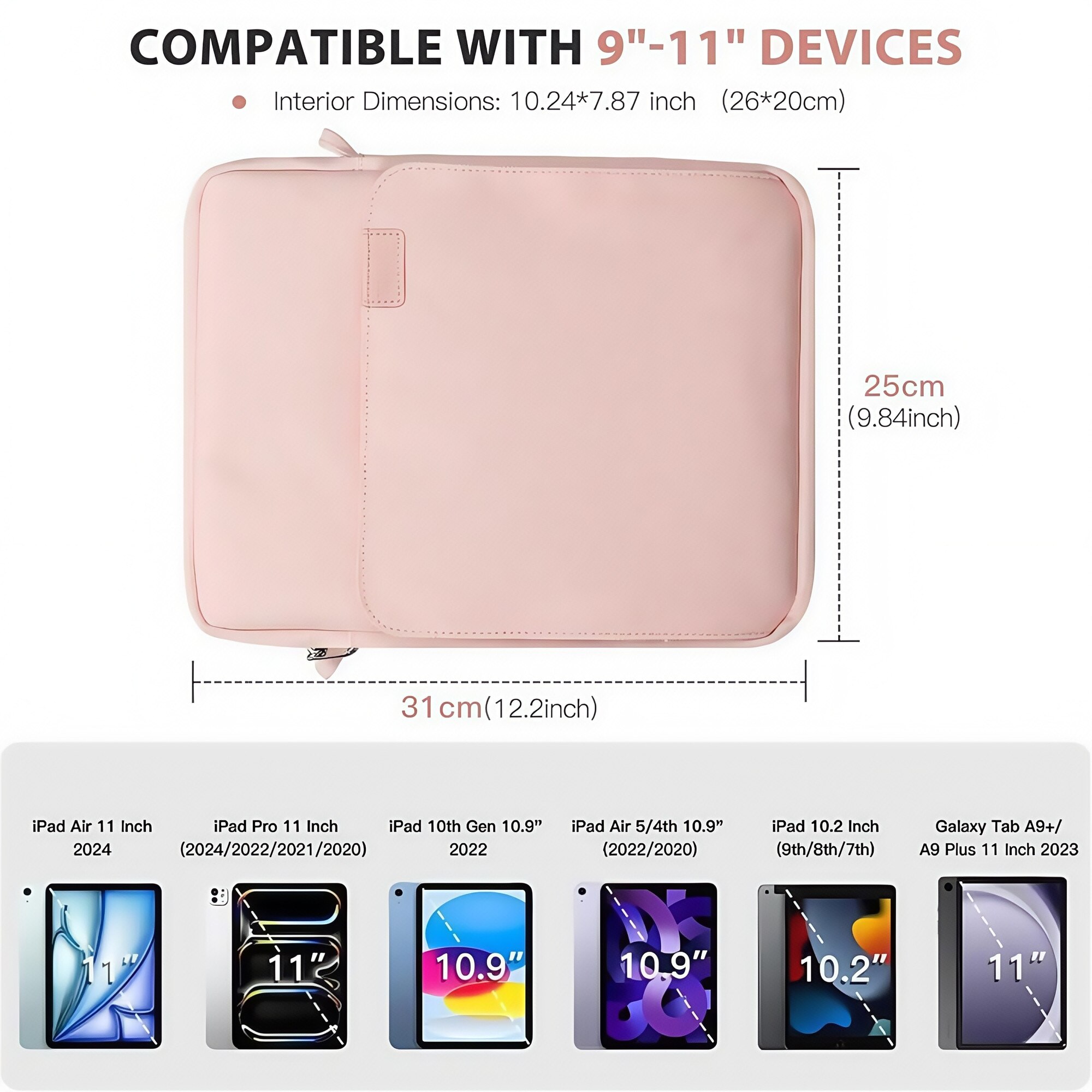 Geanta tableta 9-11″, BestPlaza®, Husa pentru 11 inch universala tableta, Water resistent panza Oxford, Multiple buzunare cu fermoar metalic, Protectie fleece interna, Usor si portabil, Compatibila Apple iPad 10.2/10.5/10.9, Roz