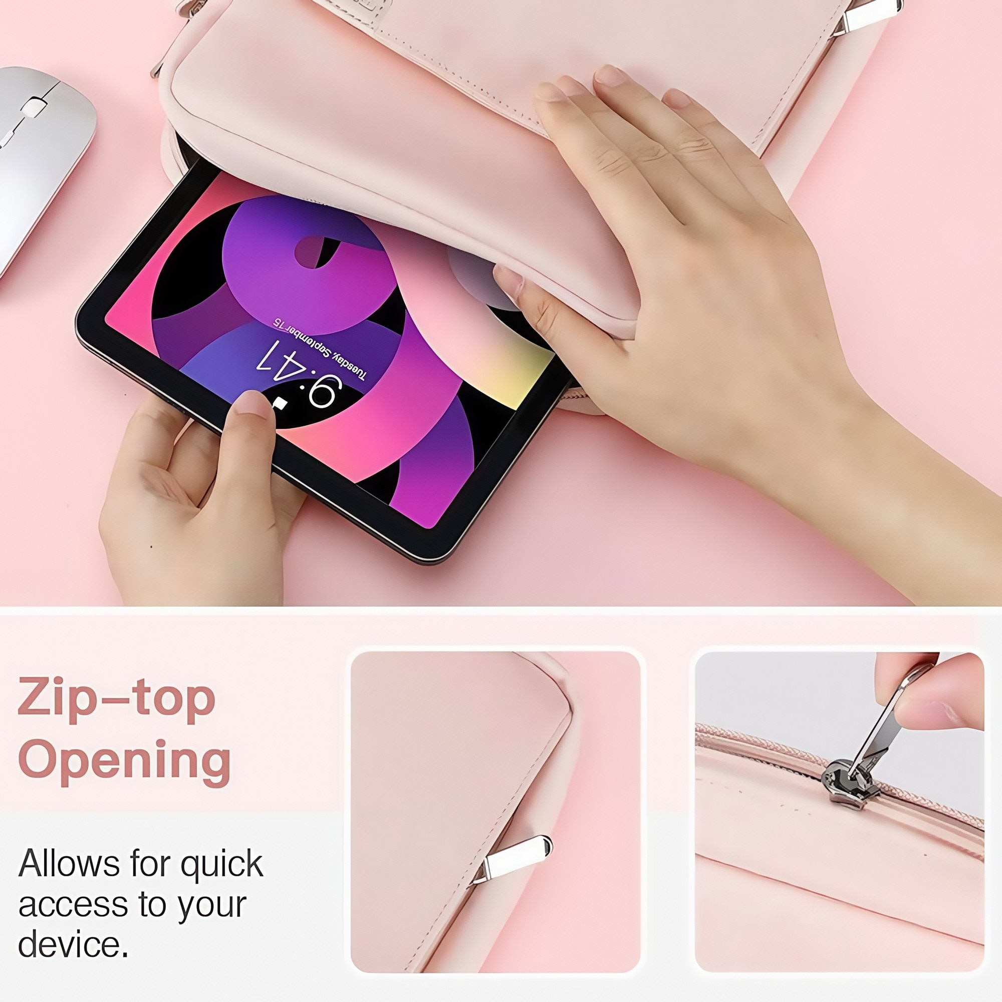 Geanta tableta 9-11″, BestPlaza®, Husa pentru 11 inch universala tableta, Water resistent panza Oxford, Multiple buzunare cu fermoar metalic, Protectie fleece interna, Usor si portabil, Compatibila Apple iPad 10.2/10.5/10.9, Roz