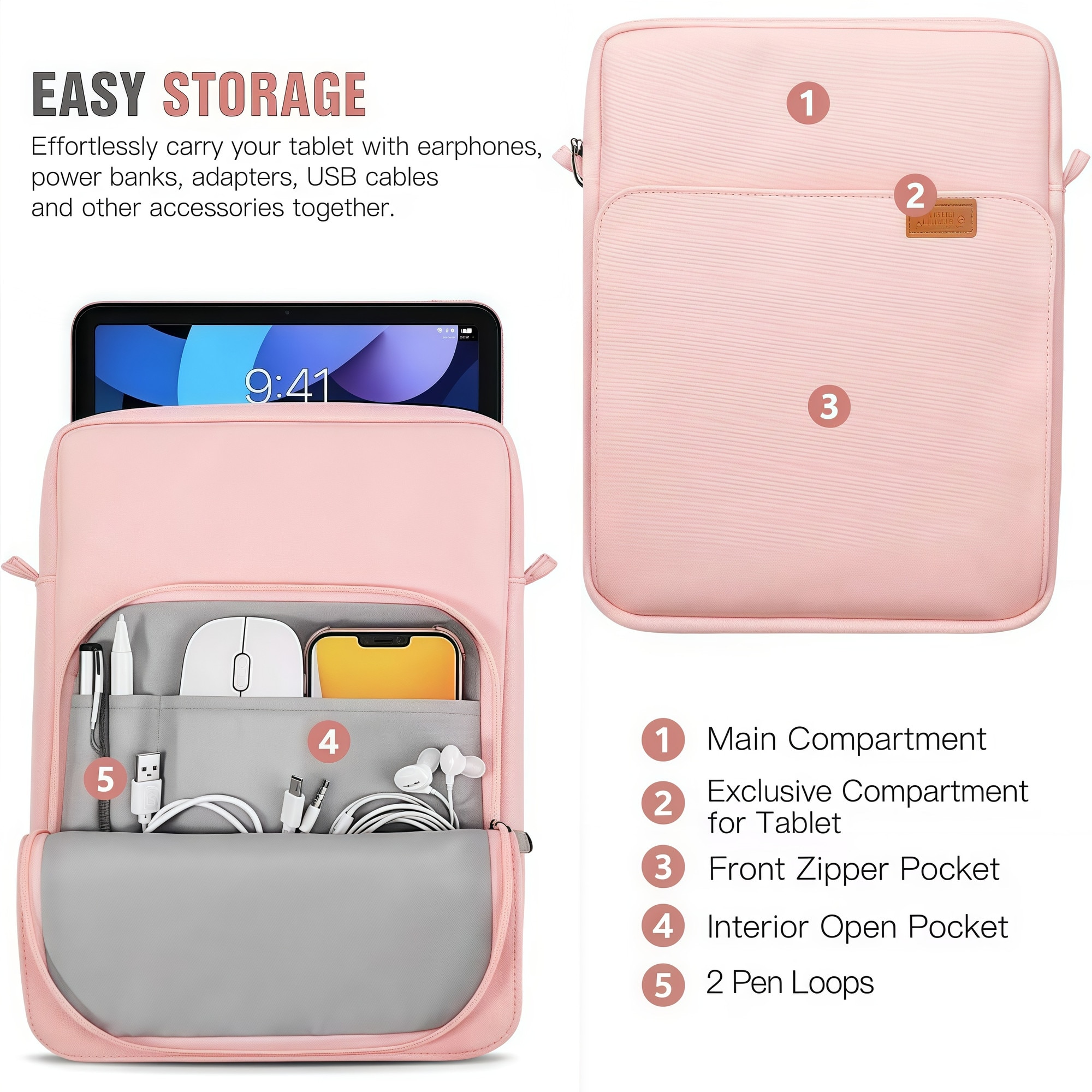 Geanta tableta 9-11″, BestPlaza®, Husa pentru 11 inch universala tableta, Water resistent panza Oxford, Multiple buzunare cu fermoar metalic, Protectie fleece interna, Usor si portabil, Compatibila Apple iPad 10.2/10.5/10.9, Roz
