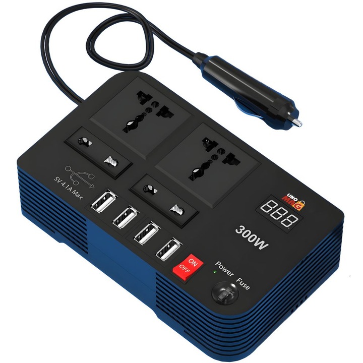 Invertor de Tensiune Auto Portabil, Linomag®, 12V DC la 220V AC, 300W, Afisaj Digital, Prize Universale EU/UK/USA/AU, USB 4.1A, Protectie la Supratensiune, Negru