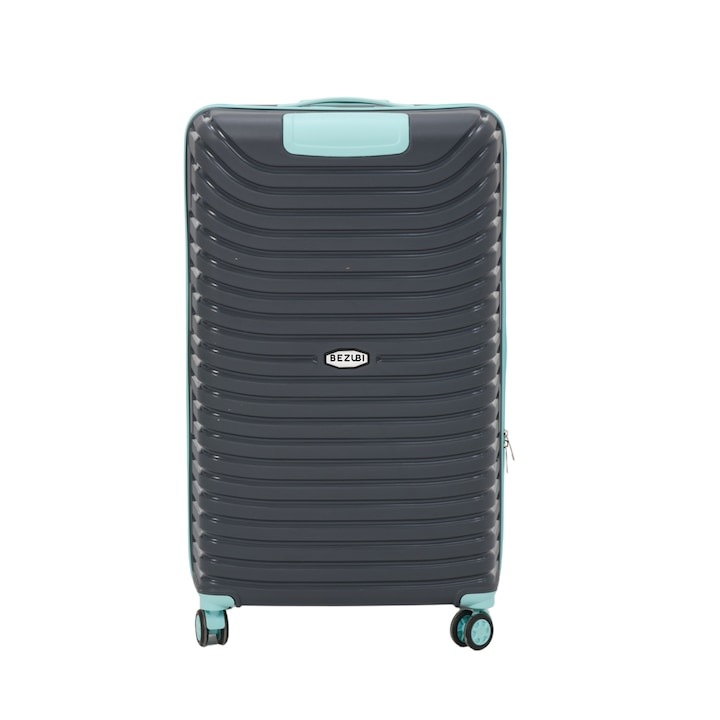 Bezubi Easy Travel nagy kocsi, csomagtartó, 84x50x38, űrtartalom 140 liter, teleszkópos fogantyú, 4 csendes dupla kerék, 360 fokban elforgatható, cipzárral és számjegyekkel zárható, rekeszezés zsebbel, speciális törésgátló rugalmas PP anyag, szürke-türkiz