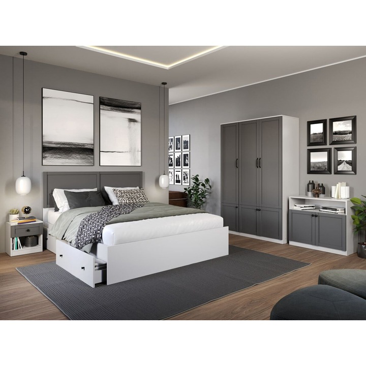 Set Mobila Dormitor, Grafit C03, Pat 160 x 200, 2 Noptiere, Comoda cu Usi si Dulap 124cm