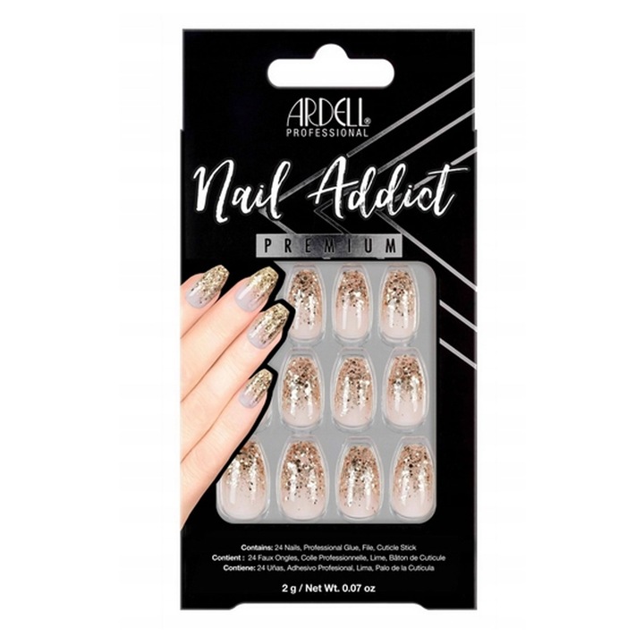 Set 28 Unghii false tips, Ardell, Dripping in Gold, Auriu, Sclipici