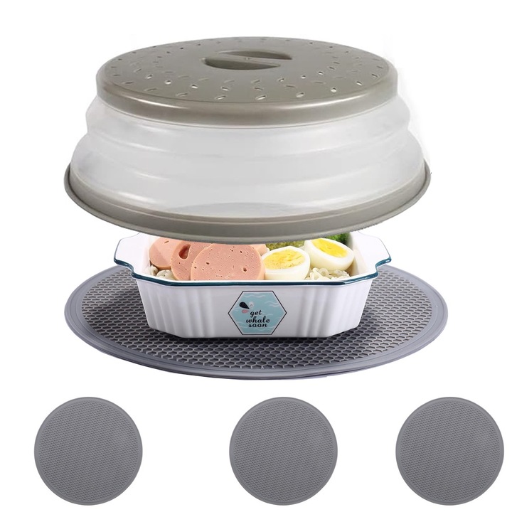 Capac pentru microunde si suport multifunctional, Functie strecuratoare, Protectie pentru incalzire, Durabile, Depozitare alimente, Covoras multifunctional din silicon 30cm, gri, set de 3 bucati