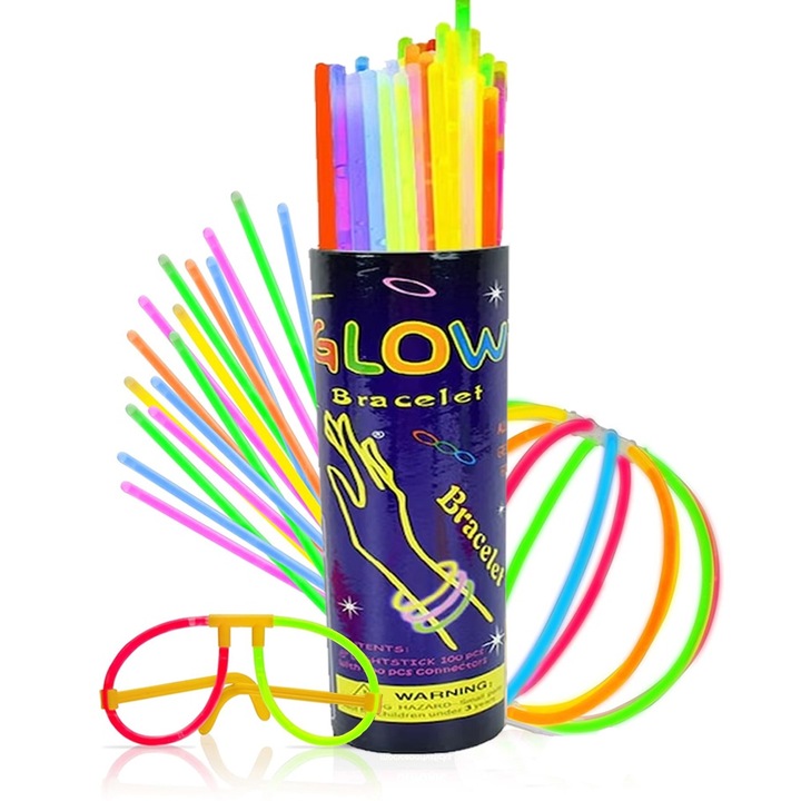 Комплект от 100 светещи пръчки, аксесоари с чаши и топки, идеални за събития и празници, 7 цвята, 21 см, парти аксесоари