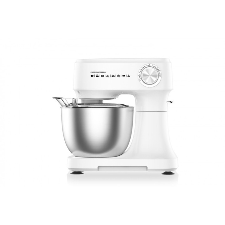 Mixer Planetar Oliver Voltz cu bol 3.5litri, 800W, bol otel inoxidabil cu capac, 12 viteze + functie Pulse, 3 accesorii incluse, alb