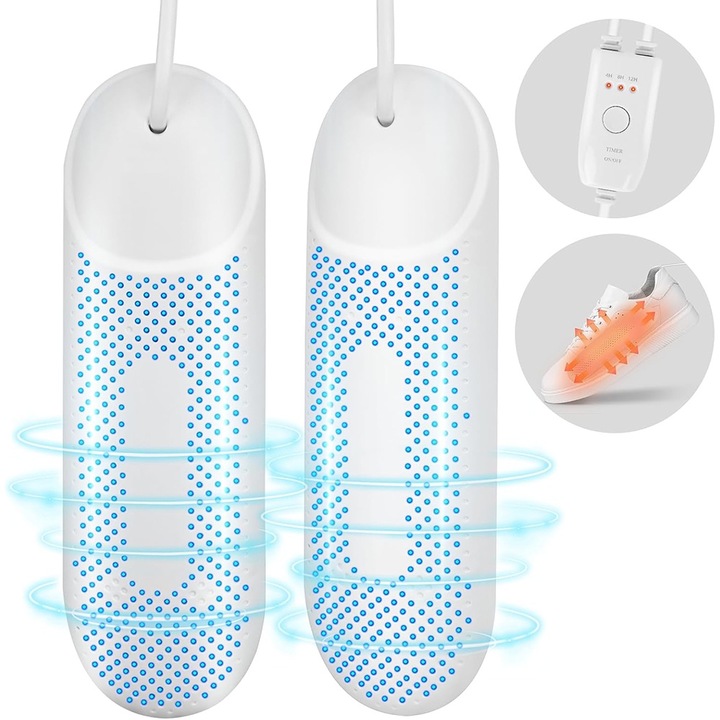 Uscator electric pentru pantofi si sterilizator UV pentru indepartarea bacteriilor si mirosurilor, BOMSTOM, 12W, cu cronometrul, 360° incalzire uniforma - Ideal pentru calatorii, sport si acasa, alb