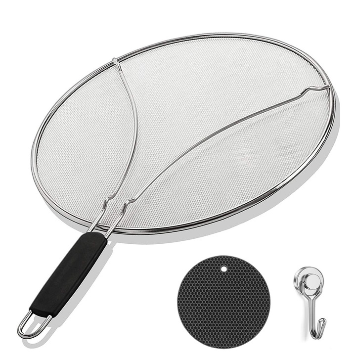 Capac de stropire pentru tigaie, Ecran anti-stropire, 29cm, cu suport din silicon, ideal pentru oale fierte si tigai pentru prajirea baconului, a puiului prajit sau a floricelelor de porumb