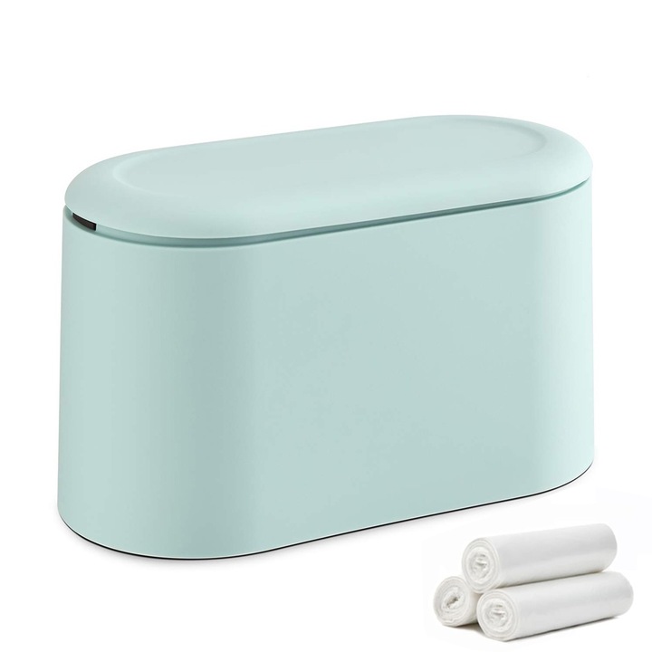 Мини кошче за боклук с капак, 22x14x11 см, светло зелено, скандинавски дизайн, Включва три ролки торби за боклук