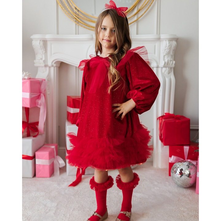 Rochita cu Luminite, Rosie cu sclipici, din catifea, Rosu aprins