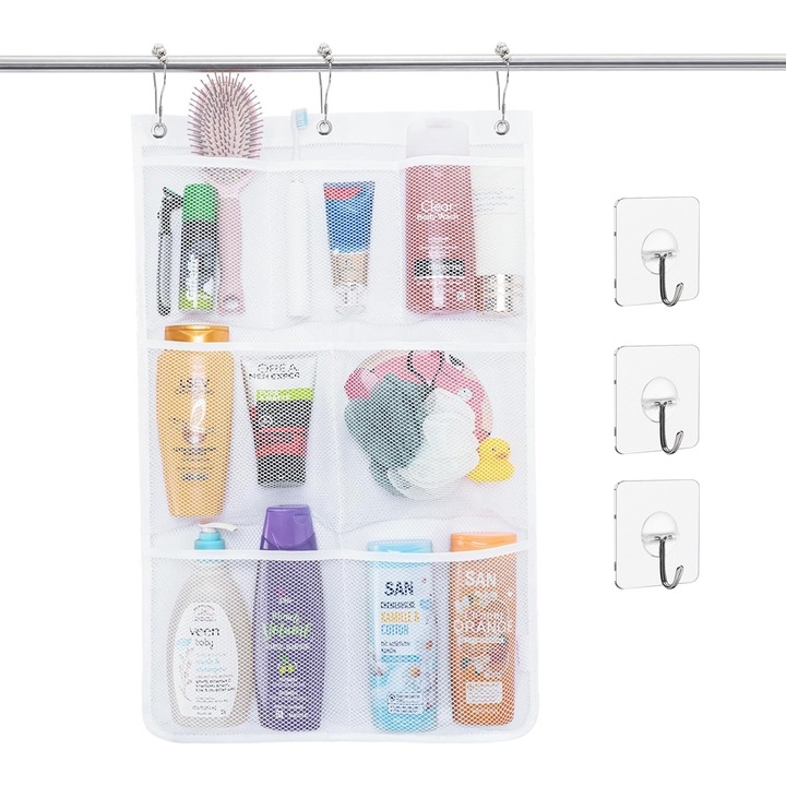 Suport de baie cu 7 buzunare, organizator suspendat, Raft de baie portabil, care economiseste spatiu, cu plasa cu uscare rapida, alb, 67x43cm
