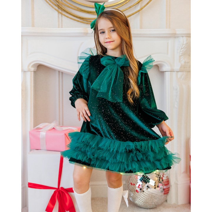 Rochita cu Luminite, Verde Regal, catifea cu sclipici