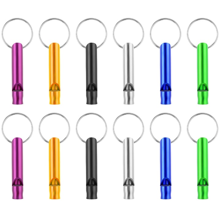 12 db-os edzősíp készlet, kulcstartóval, kempingezéshez, túrázáshoz és edzéshez, alumínium, Vanaxalife®, Multicolor