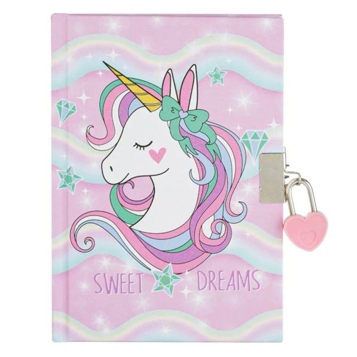 A5 formátumú napló zárral és Pink Unicorn borítóval, 80 lap