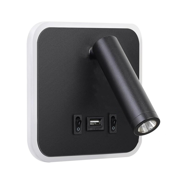 Lampa de lectura LED de interior, Reincarcabila cu interfata USB, Poate fi incarcat cu telefonul mobil, Lampa de perete pentru hol si dormitor, Stil minimalist hotel, Aluminiu, Negru