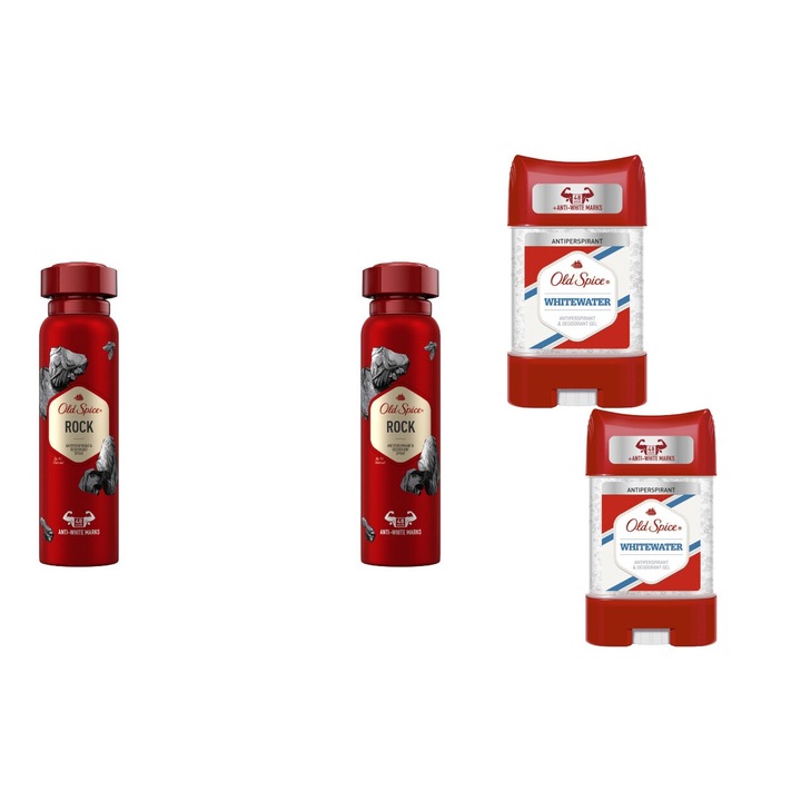 Комплект 4 x Old Spice Variety Bundle, 2 x дезодорант 150 ml Rock, 2 x антиперспирант стик гел 70 ml Whitewater, свеж през целия ден, интензивен свеж аромат, против бели петна, ободряващ, дълготрайна свежест, 48 часа защита