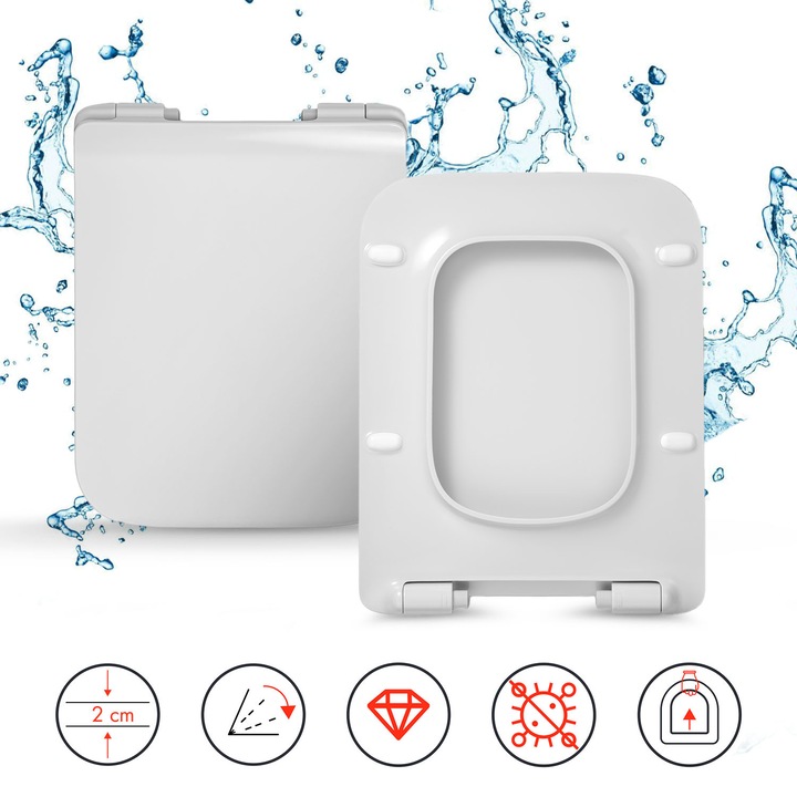 Capac WC ROCA ELEMENT, HAMBERGER, mecanism de cadere libera, acoperire antibacteriana, functie de asamblare/demontare rapida, Lungime: 44 cm, Latime: 36,8 cm, alb