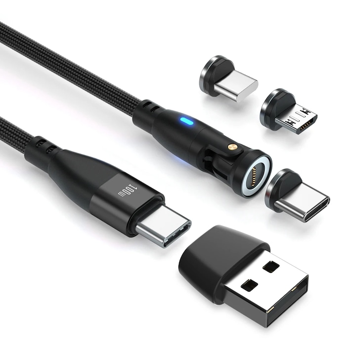 Super FastCharge mágneses 9 tűs RiKbo® gyorstöltő és adatátviteli kábel, 100 W, 6 az 1-ben USBA USB C, Lightning típusú, Type-C, micro-USB 540 fokos elforgatás, kompatibilis iPhone Samsung Huawei Oppo Xiaomi, 1 méter hosszú fekete