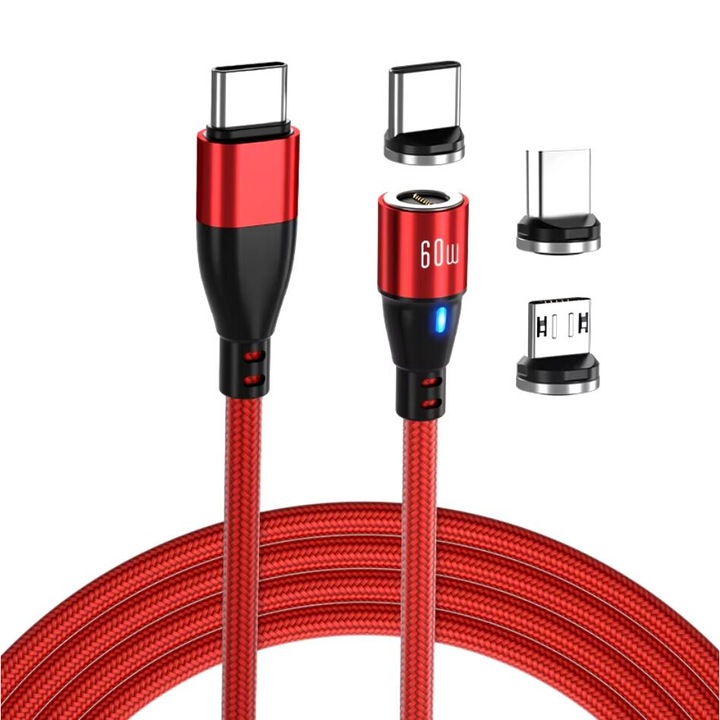 USB-C кабел за бързо зареждане 60W 3A, 9 пина, Магнит 3 в 1, 360 градуса ротация, Тип светкавица, Type-C, Micro-USB RikBo® съвместим iPhone Android, LED индикатор, трансфер на данни, Дължина 2 метра, Червен