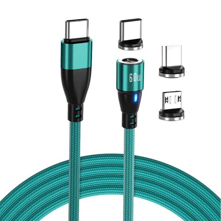 USB-C кабел за бързо зареждане 60W 3A, 9 пина, Магнит 3 в 1, 360 градуса ротация, Тип светкавица, Type-C, Micro-USB RikBo® съвместим iPhone Android, LED индикатор, трансфер на данни, Дължина 2 метра, Зелен