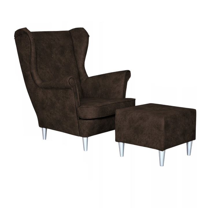 Fotel lábtartóval, Kenia modell, Family Meble, skandináv, fa/hab/öko bőr, 104x84x92 cm, sötétbarna