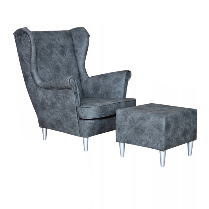 Fotel lábtartóval, Kenia modell, Family Meble, skandináv, fa/hab/öko bőr, 104x84x92 cm, szürke