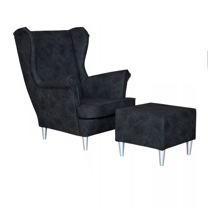 Fotel lábtartóval, Kenia modell, Family Meble, skandináv, fa/hab/öko bőr, 104x84x92 cm, fekete