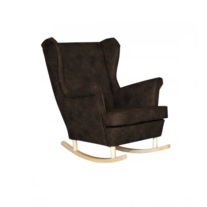 Fotoliu balansoar, model Kenia, Family Meble, Scandinav, Lemn/Spuma/Piele ecologica, 104x84x92 cm, Maro inchis