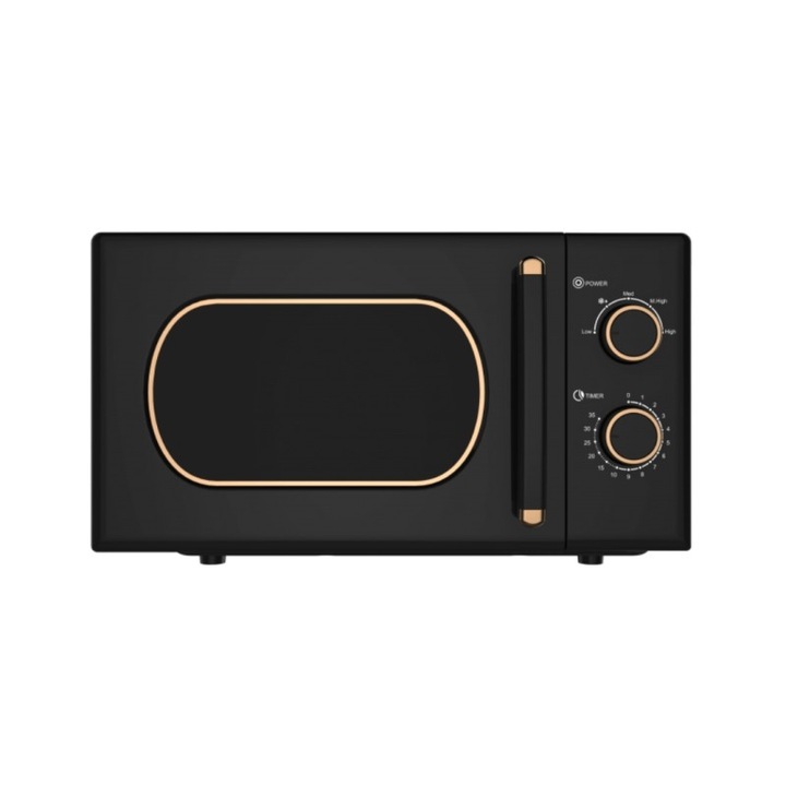 Cuptor cu microunde Oliver Voltz, 700W, 20 litri, timer 35 minute, 5 trepte de incalzire, decongelare, tava rotativa, Negru/Auriu