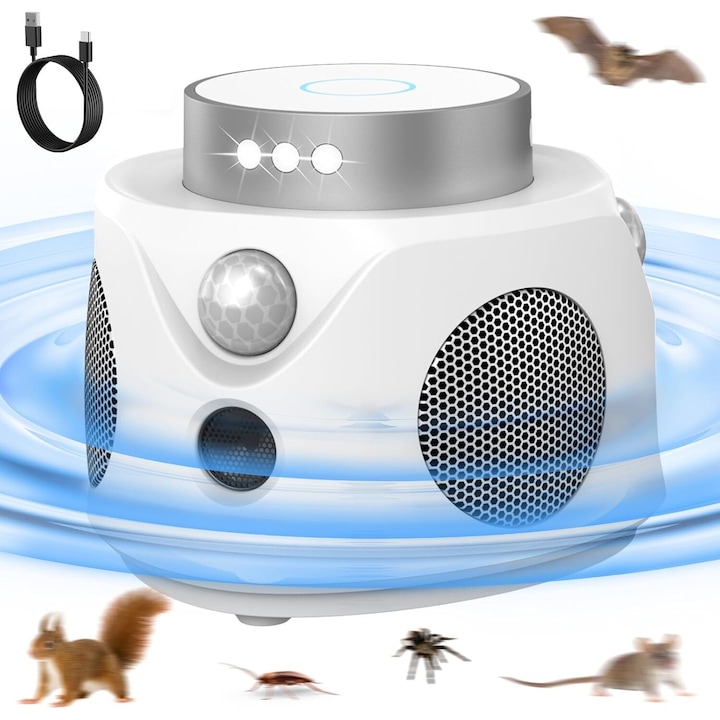 Excitat® professzionális ultrahangos készülék Duo Pest Repeller, 3 üzemmód, Rágcsálók elleni, Patkányok elleni védelem, Rovarok elleni védelem, 360°-os terjedési szög, 9 LED villogó fénnyel, 4 hangszóró, hideg fehér