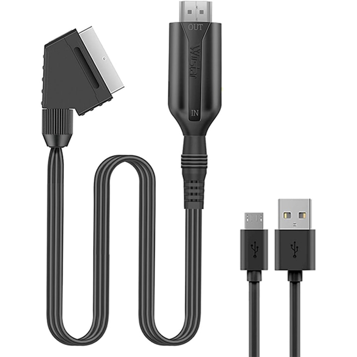 Scart към HDMI кабел, активен, 1 м, Full HD, видео конвертор с евроскарт щепсел аналогов към цифров hd мъжки, USB 5V захранващ адаптер, черен