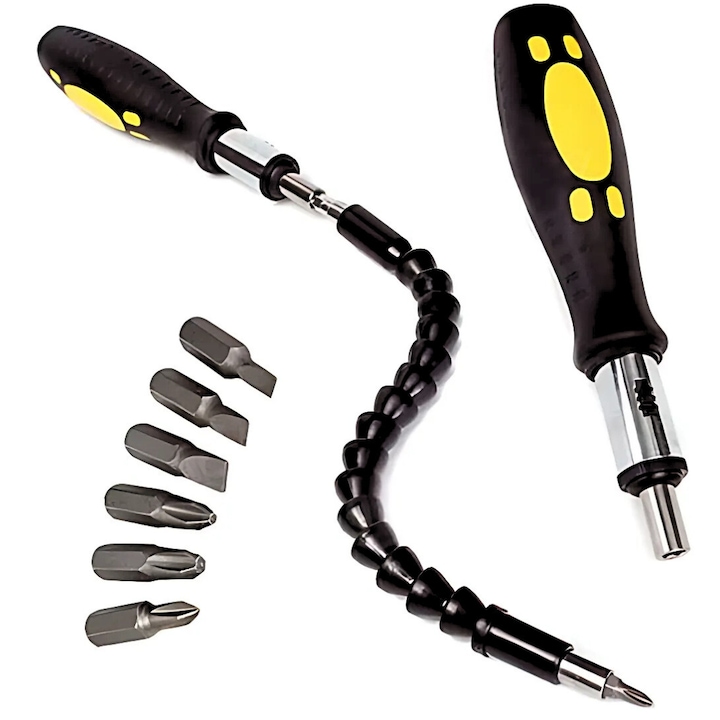 Set surubelnita cu extensor flexibil SDEPOT®, cu 6 biti, cu cap magnetic, negru