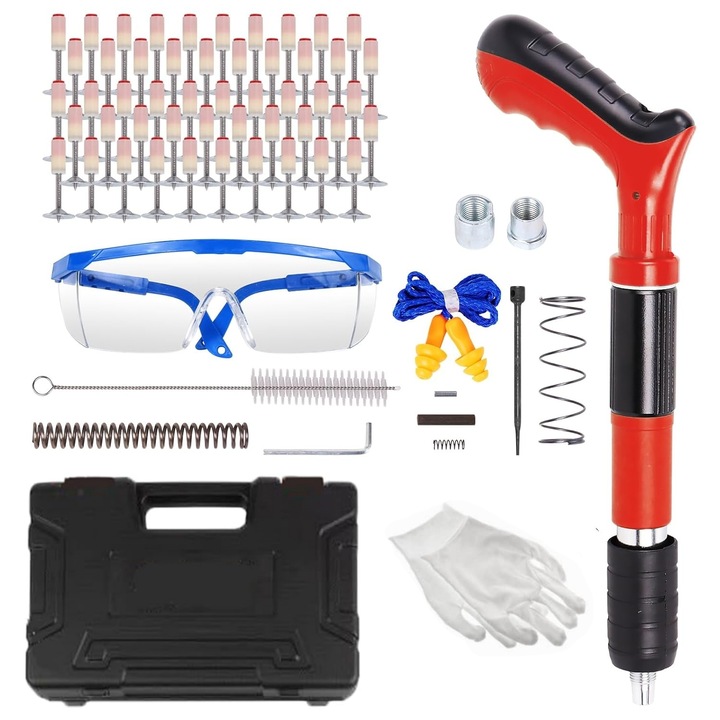 Pistol manual pentru fixarea cuielor, GOSTOCK®, Niturilor in perete, Rivetelor, tavan, lemn, fier, 5 trepte de reglare, Cu accesorii, 100 cuie incluse, Rosa/Negru