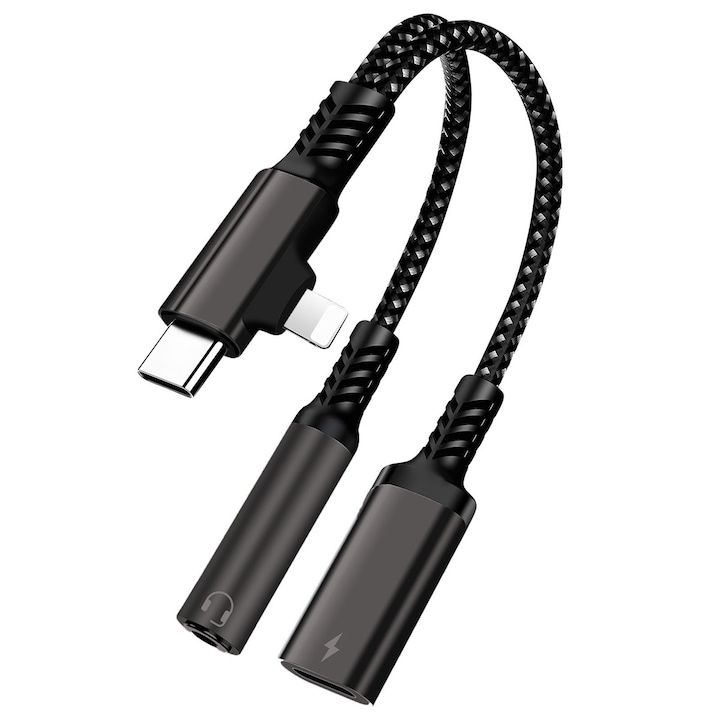 Adaptor Audio 4 in 1, MorFansi®, Lightning si USB Tip C la Jack 3.5mm, Compatibil incarcare si ascultare muzica simultan, Negru
