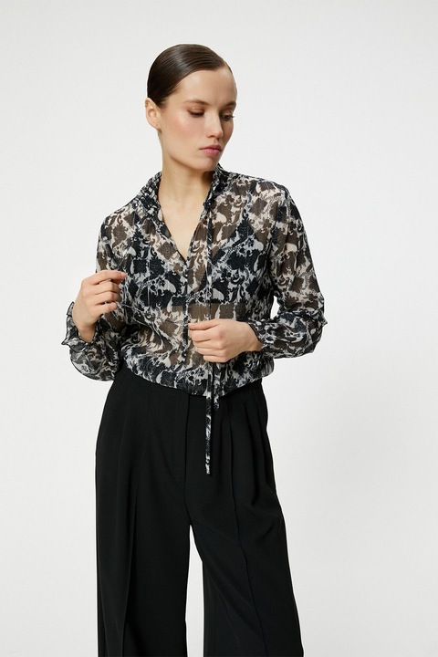 KOTON, Bluza transparenta cu model, Negru/Alb murdar/Transparent