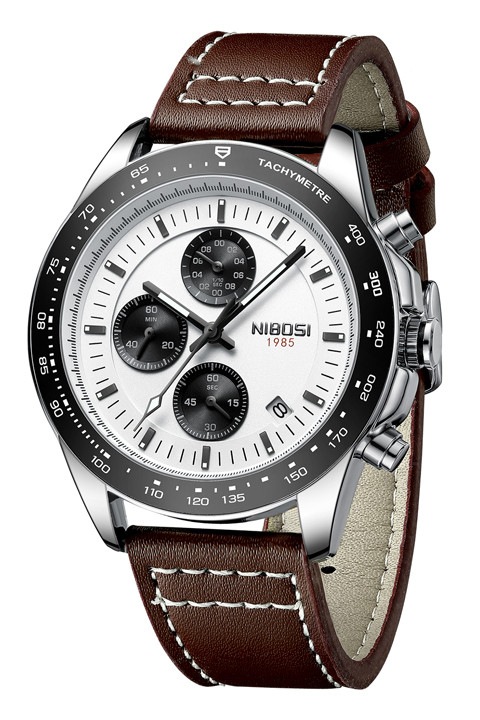 Ceas barbatesc, NIBOSI, Elegant, Cronograf, Quartz, Curea din piele maro, Carcasa din inox 2636